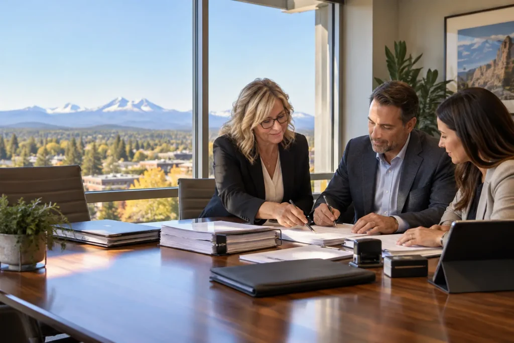 Commercial loan signing agent assisting business clients with documents in Bend
Oregon.